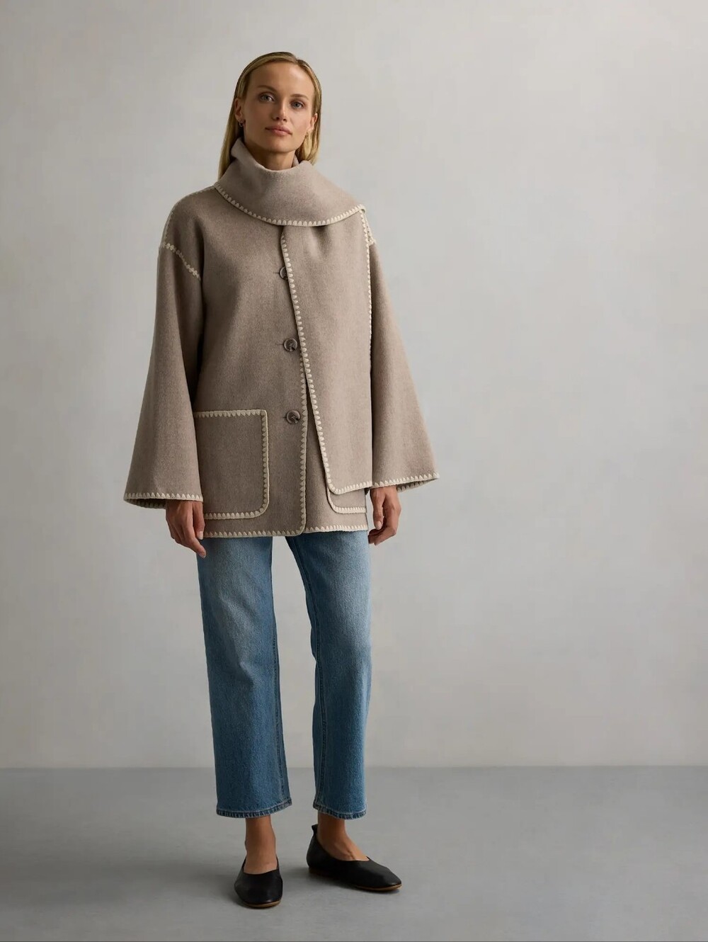 NWT Quince | Double-Faced Merino Wool Scarf Coat Oat Women Medium Elegant Chic - Picture 9 of 9